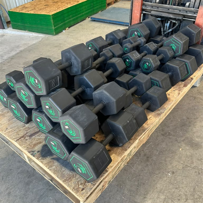 Fringe Sport Silverback 5-100 lb rubber coated hex dumbbell set (used)