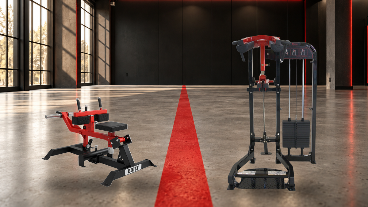 BUILT Strength OG Series Seated Calf Raise and Compact Standing Calf Raise side by side in a strength studio