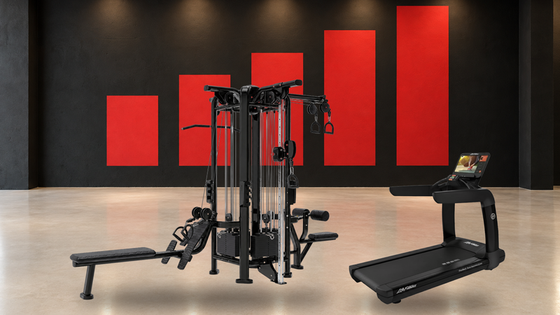 BUILT Strength Foundation Series 4 Stack Multi Station and a Life Fitness Discover SE3 HD treadmill in a studio with a rising red bar mural, illustrating gym equipment financing