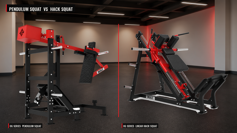BUILT Strength OG Series Pendulum Squat and OG Series Linear Hack Squat side by side in a commercial gym