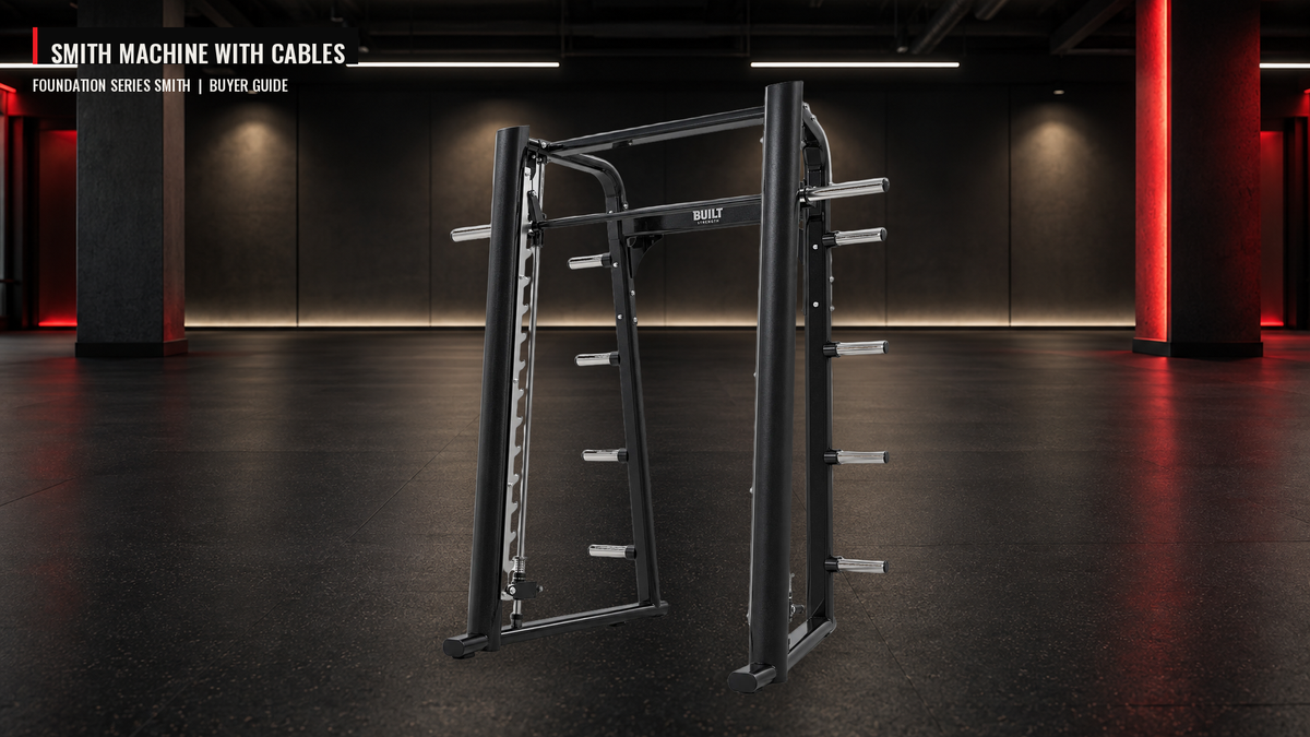 BUILT Strength Foundation Series Smith Machine real product photo in a commercial gym bay for smith machine with cables buyer guide