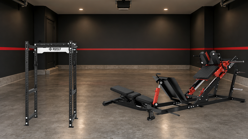 Garage home gym with a BUILT Strength Full Cage Power Rack, Adjustable Bench 2.0, and OG Series Linear Hack Squat