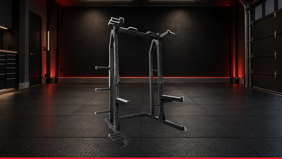 BUILT Strength Foundation Series Half Rack real product photo in a home garage gym