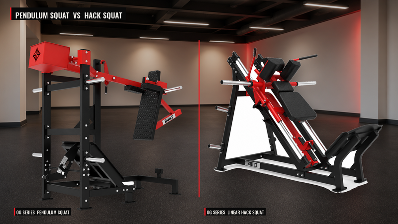 BUILT Strength OG Series Pendulum Squat and OG Series Linear Hack Squat side by side in a commercial gym