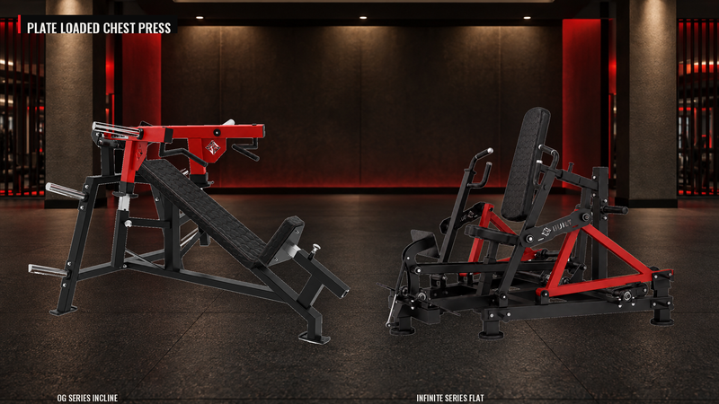 BUILT Strength OG Series Incline and Infinite Series Flat chest press real product photos in a commercial gym bay