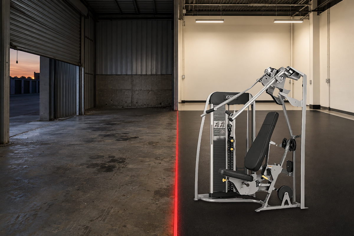 Remanufactured Cybex Eagle chest press in a clean rebuild bay beside an empty storage unit lane that stands for private as-is sales