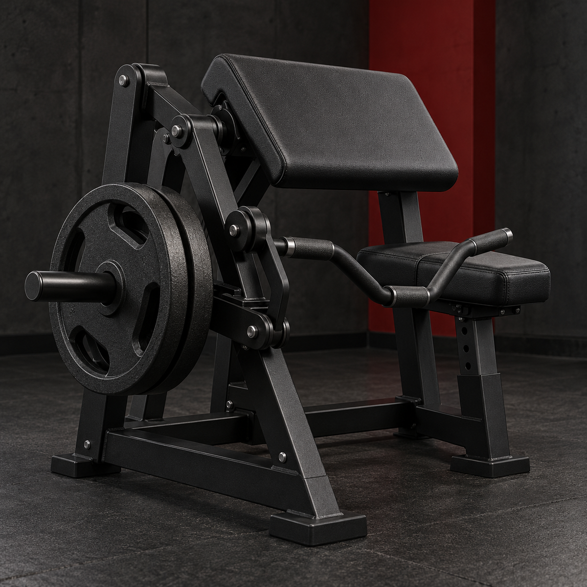 Plate loaded preacher curl machine with Olympic plates