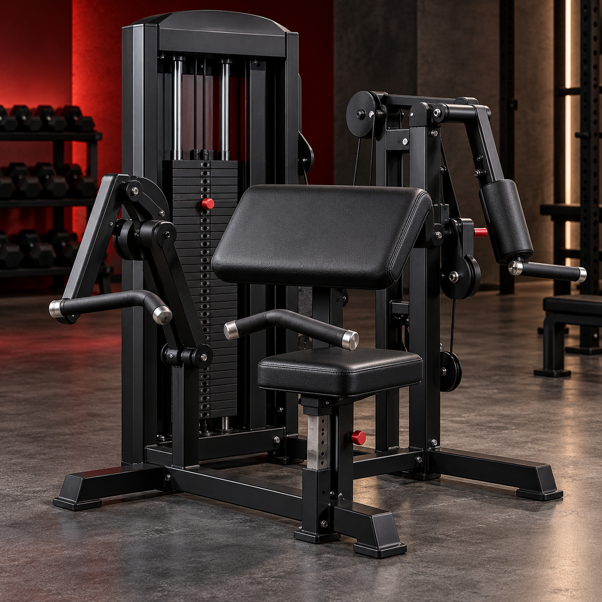 Selectorized arm curl and triceps machine with weight stack
