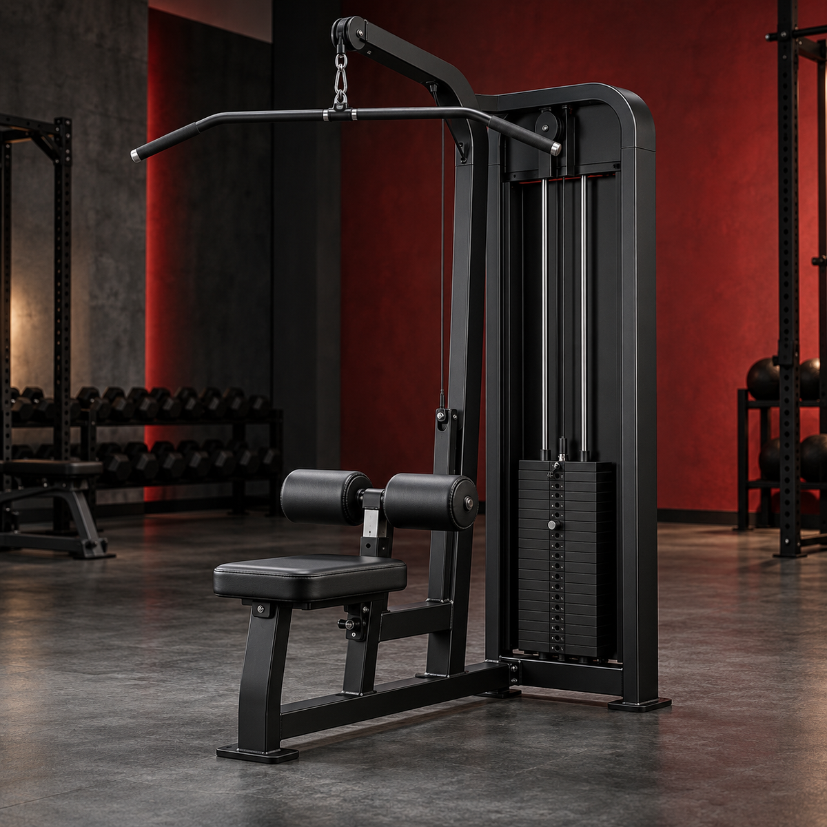 Selectorized lat pulldown machine with weight stack