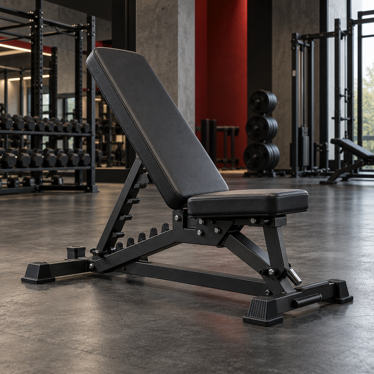 Adjustable commercial weight bench in a gym