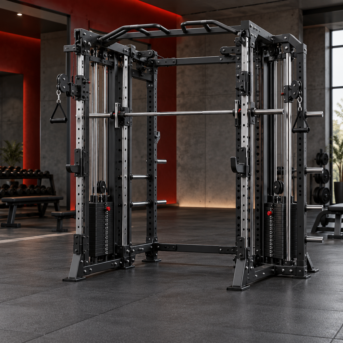 Integrated rack and cable gym station in a commercial gym