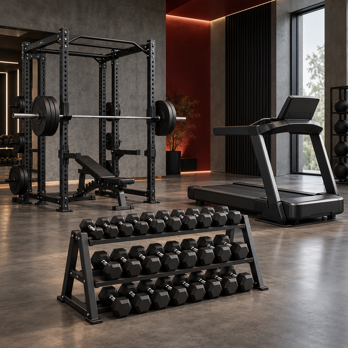 Popular strength and cardio equipment in a commercial gym