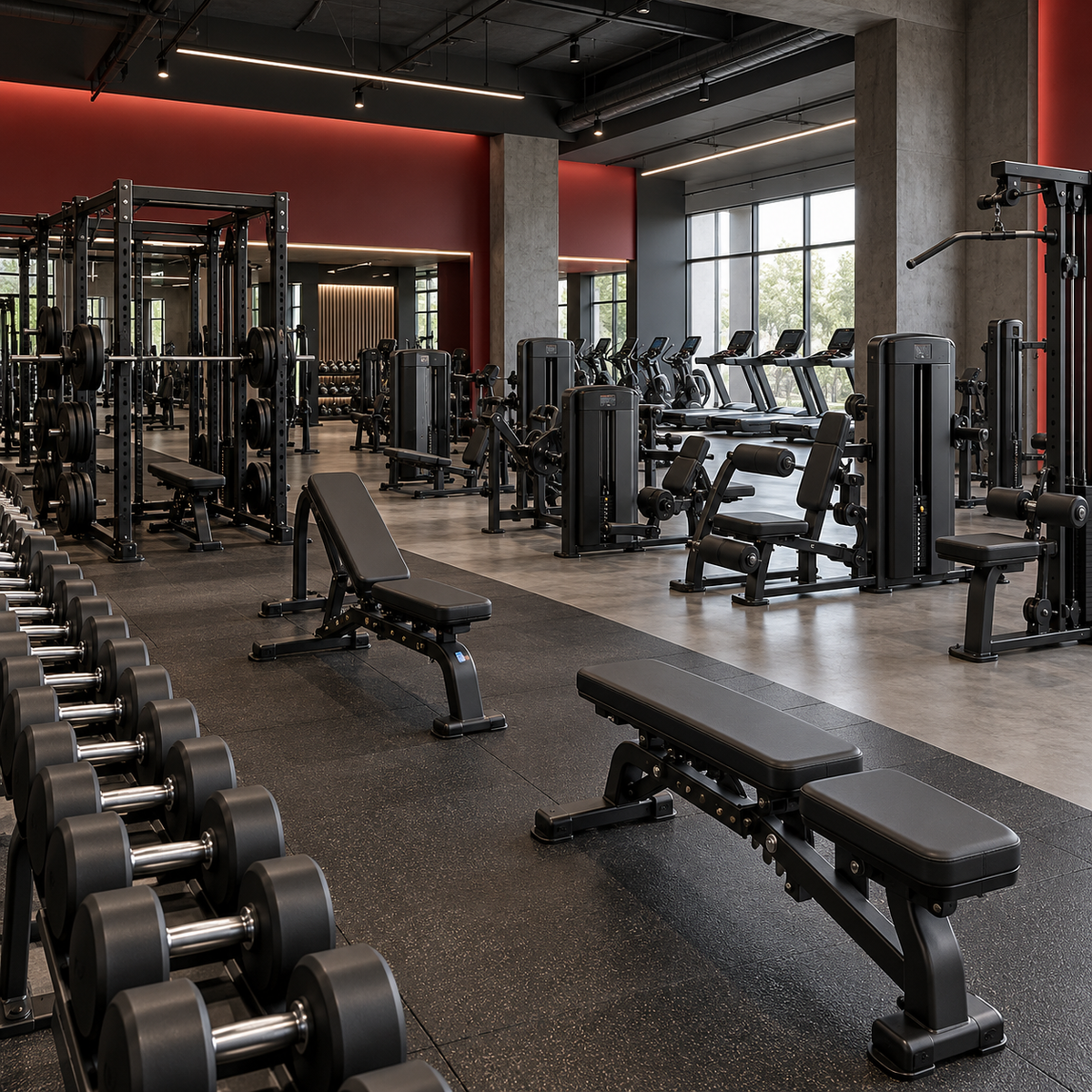 Complete commercial gym equipment floor