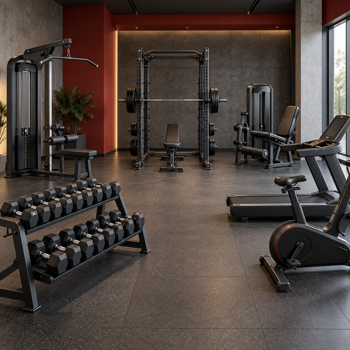 Complete commercial gym equipment package in a modern gym