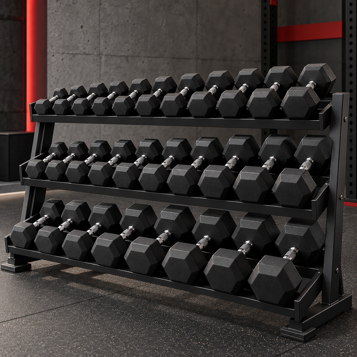 Rack of commercial dumbbells in a modern gym