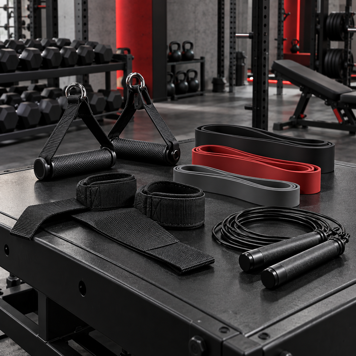 Gym accessories including cable handles, bands and straps