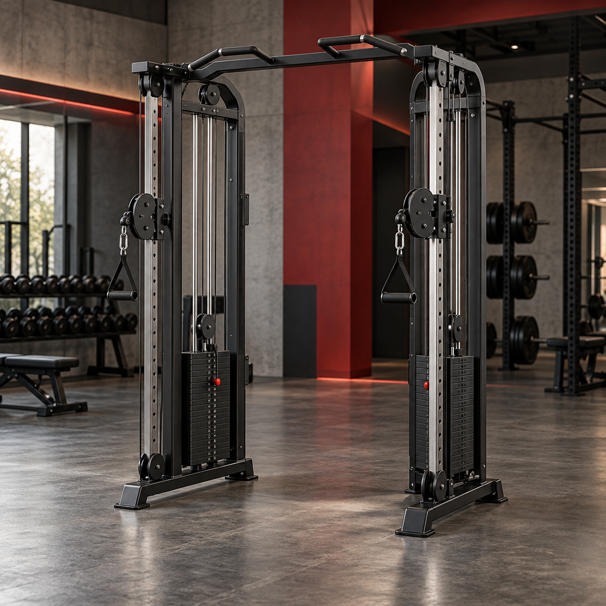 Dual-stack functional trainer in a commercial gym