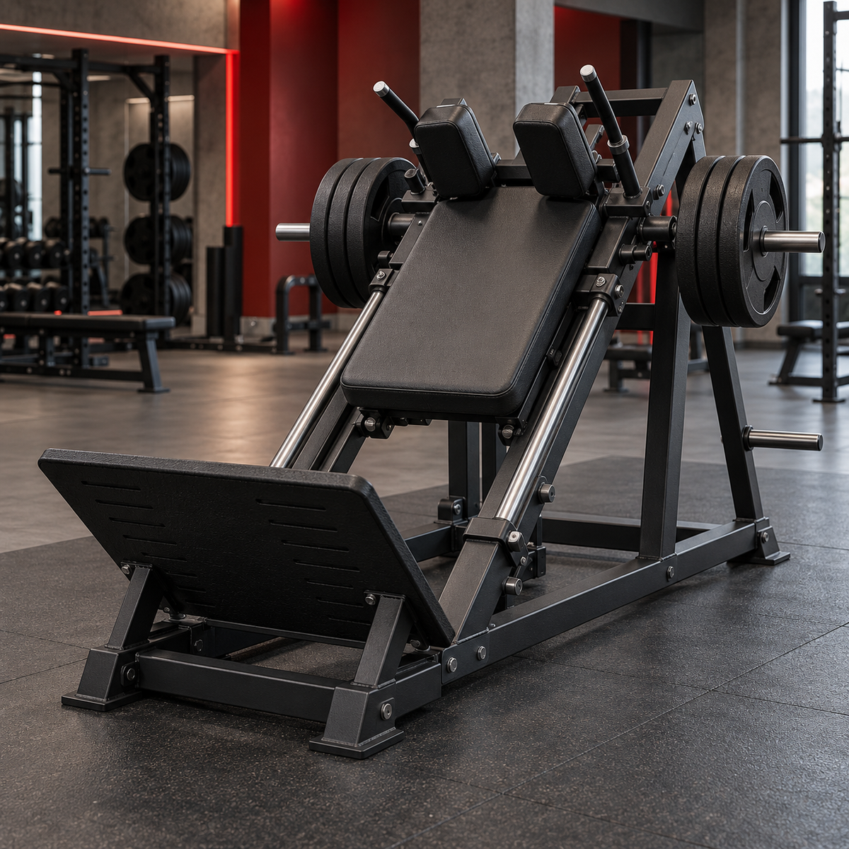 Plate-loaded hack squat machine in a gym