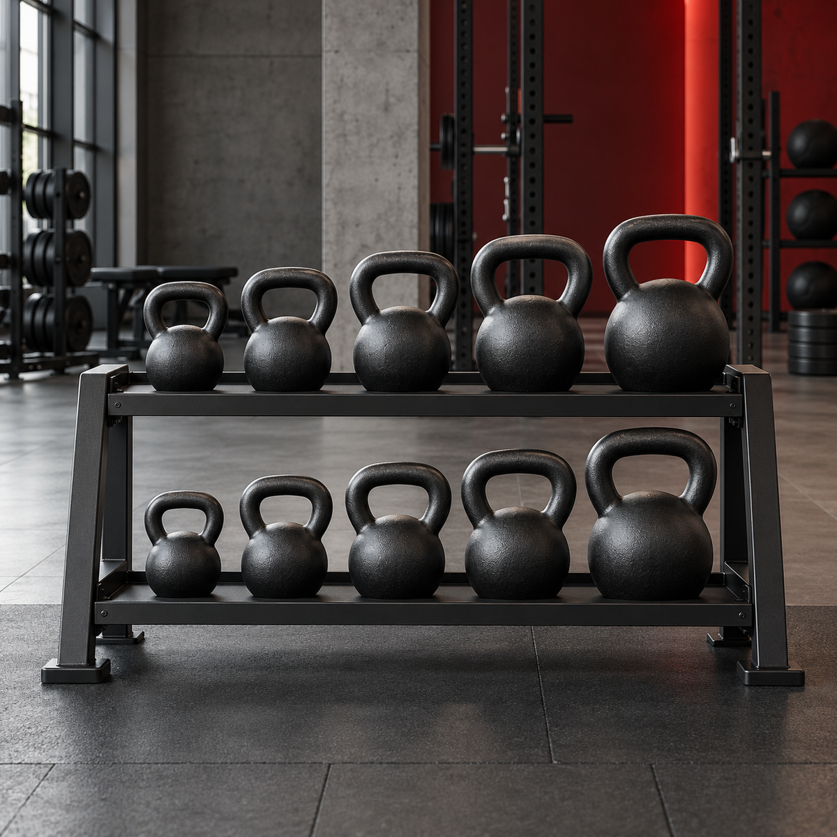 Rack of cast iron kettlebells in a commercial gym
