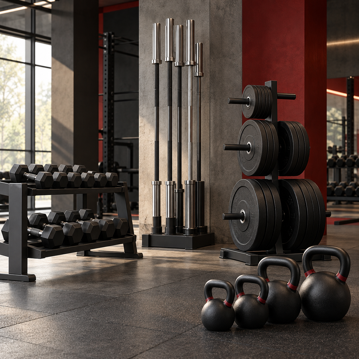 Assortment of barbells, dumbbells, plates and kettlebells