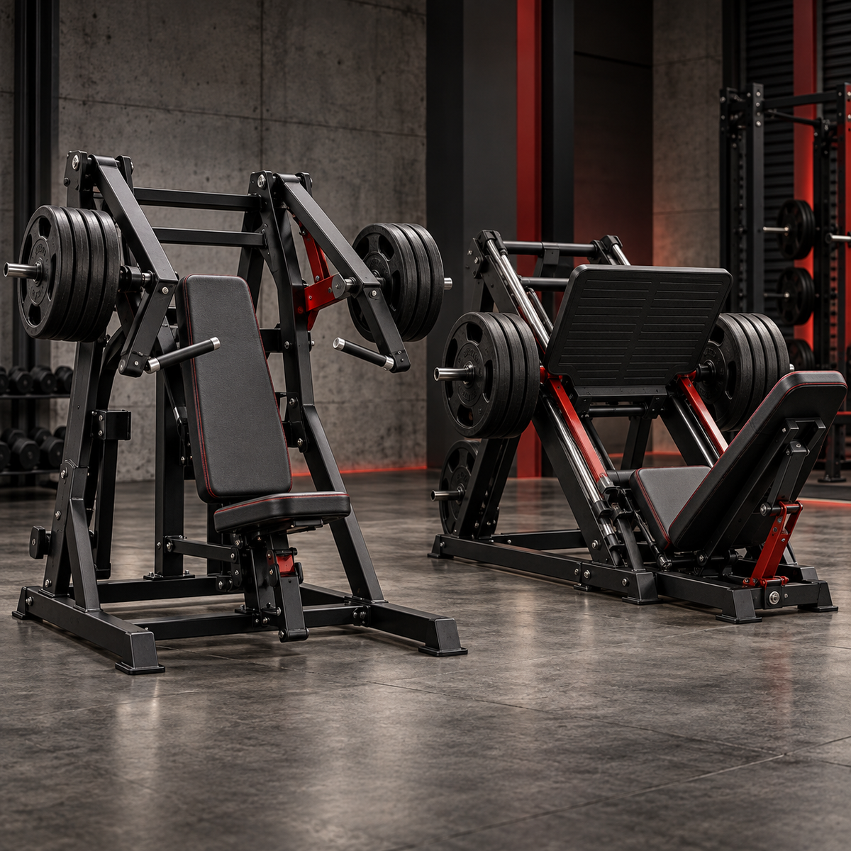 Commercial plate-loaded strength machines in a modern gym