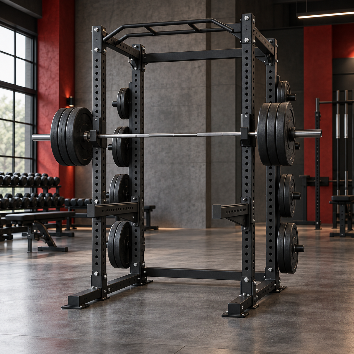 Commercial equipment rack with barbell and weight plates