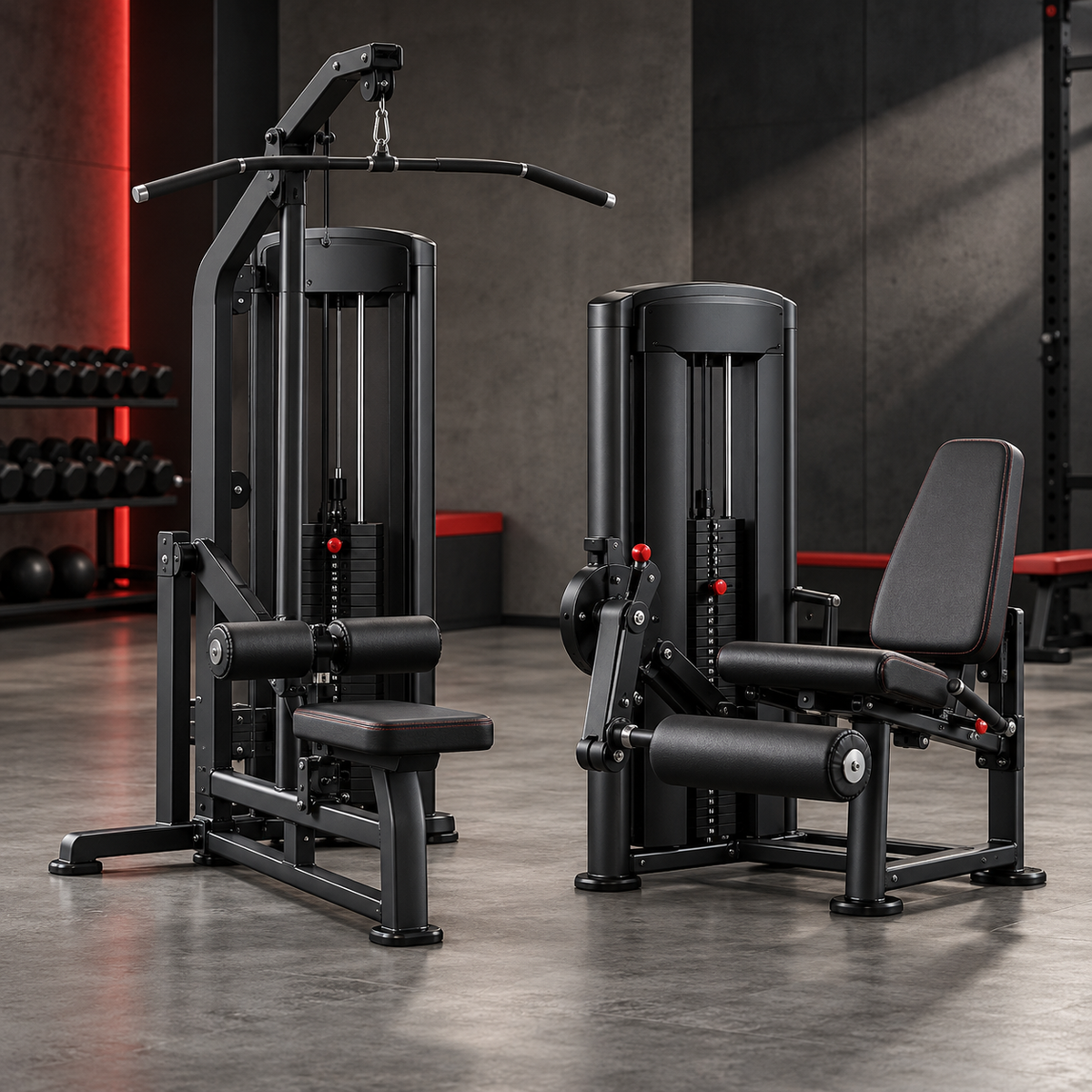Commercial selectorized strength machines in a modern gym