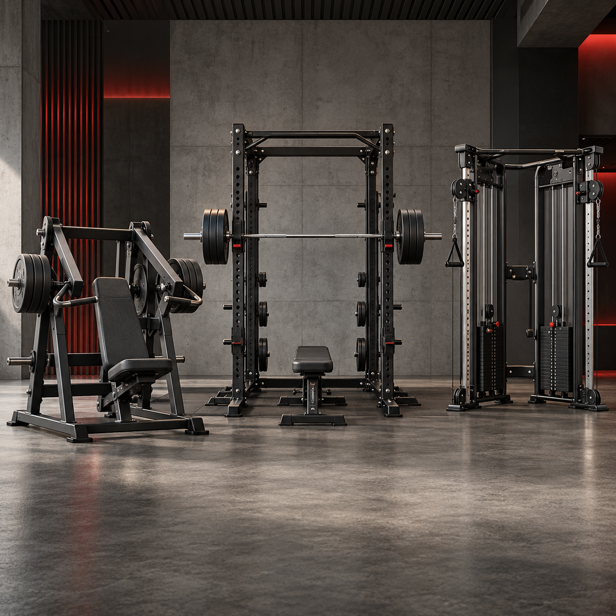 Commercial strength training equipment in a modern gym