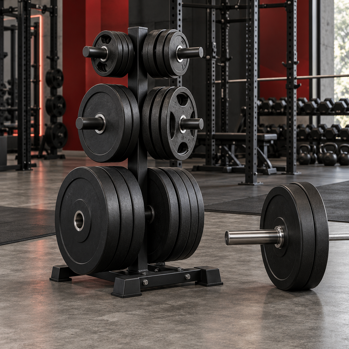 Olympic weight plates on a plate tree in a commercial gym