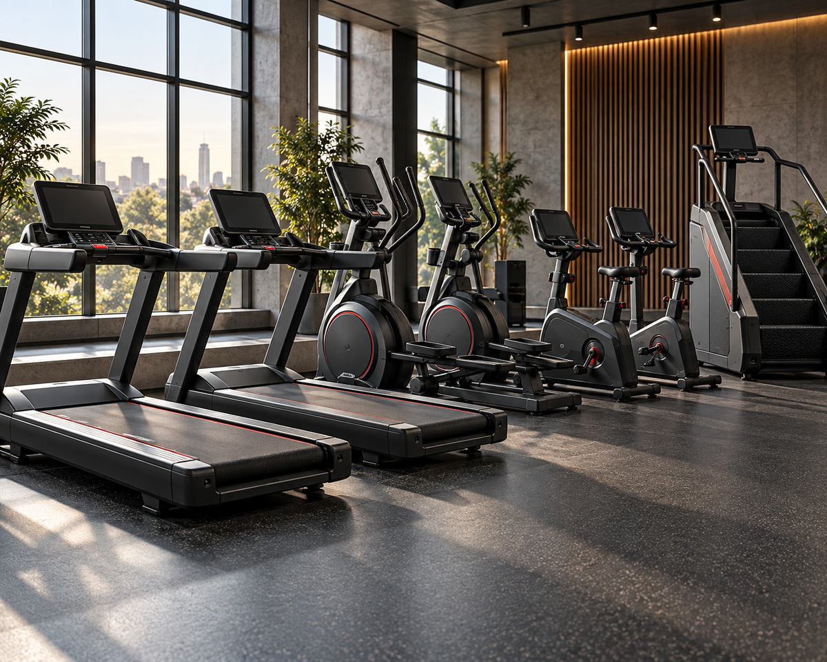 Commercial treadmills, ellipticals, bikes, and step mill in a modern gym