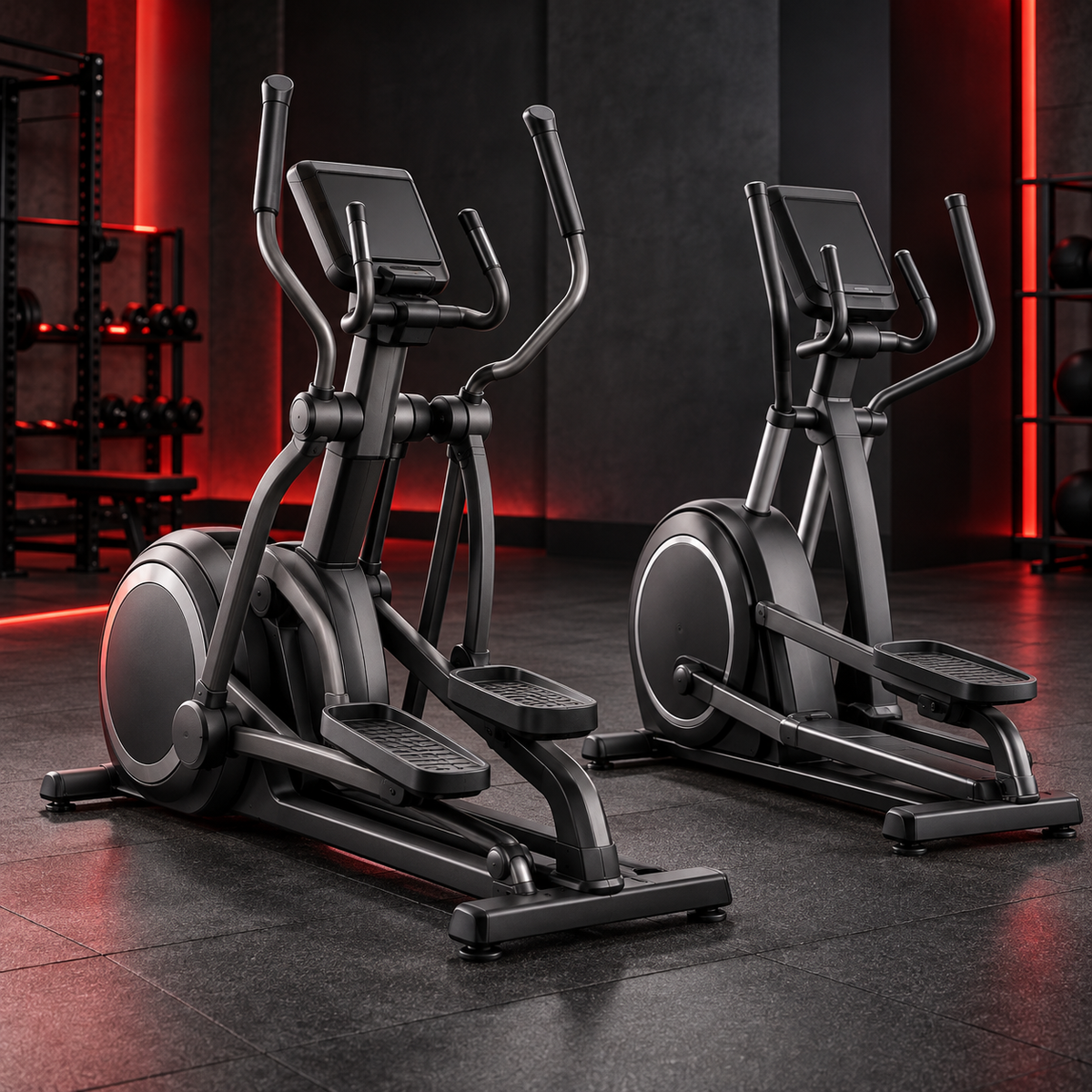 Commercial elliptical trainers in a charcoal gym