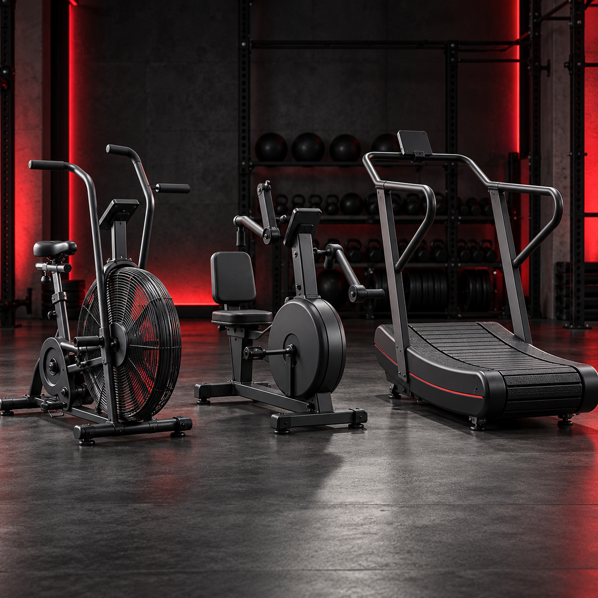 Air bike, recumbent cross trainer, and curved treadmill