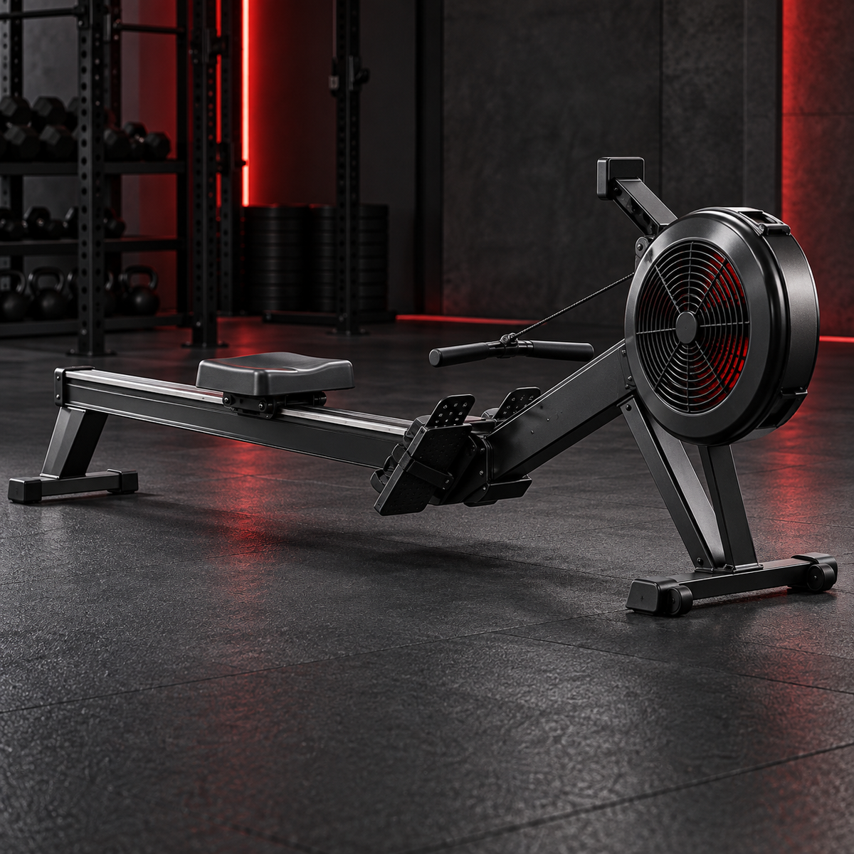Commercial indoor rowing machine with fan flywheel