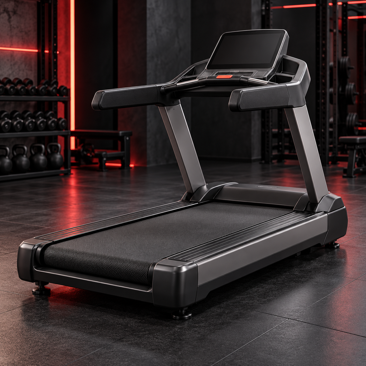 Commercial motorized treadmill in a charcoal gym
