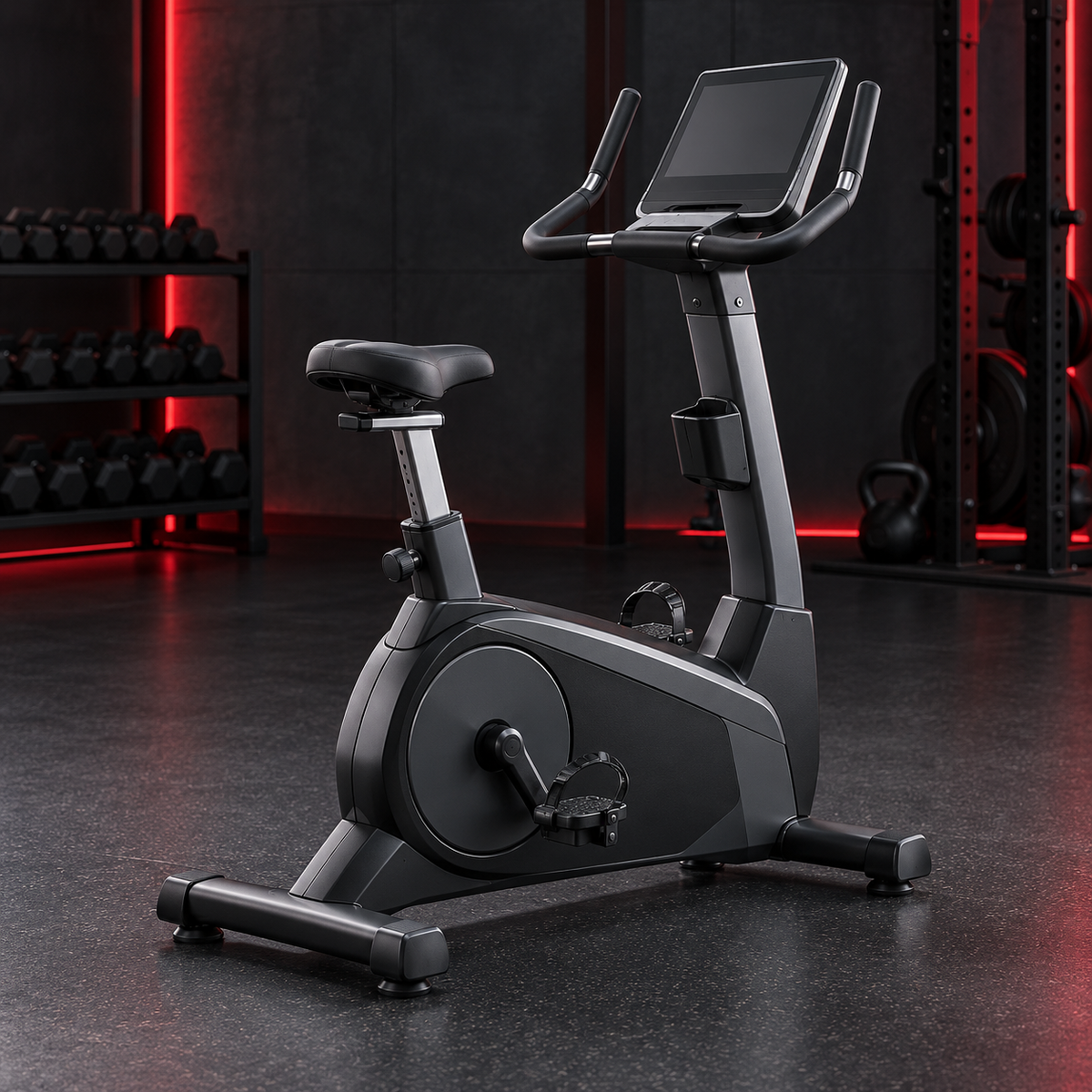 Commercial upright exercise bike in a charcoal gym