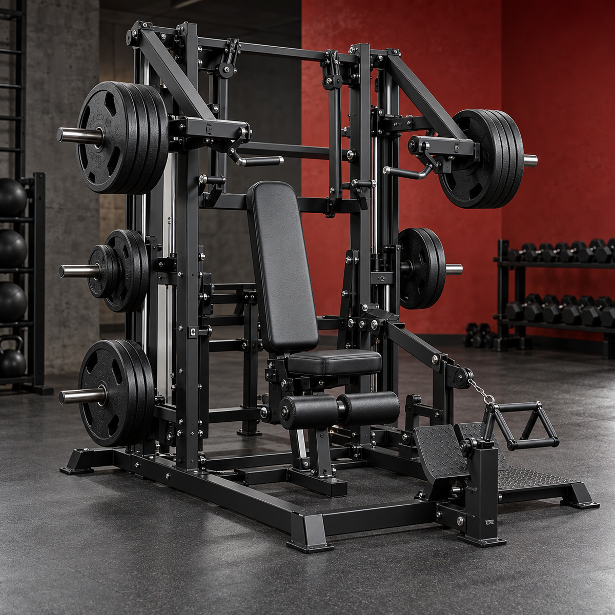 Plate loaded multi exercise strength station with Olympic plates