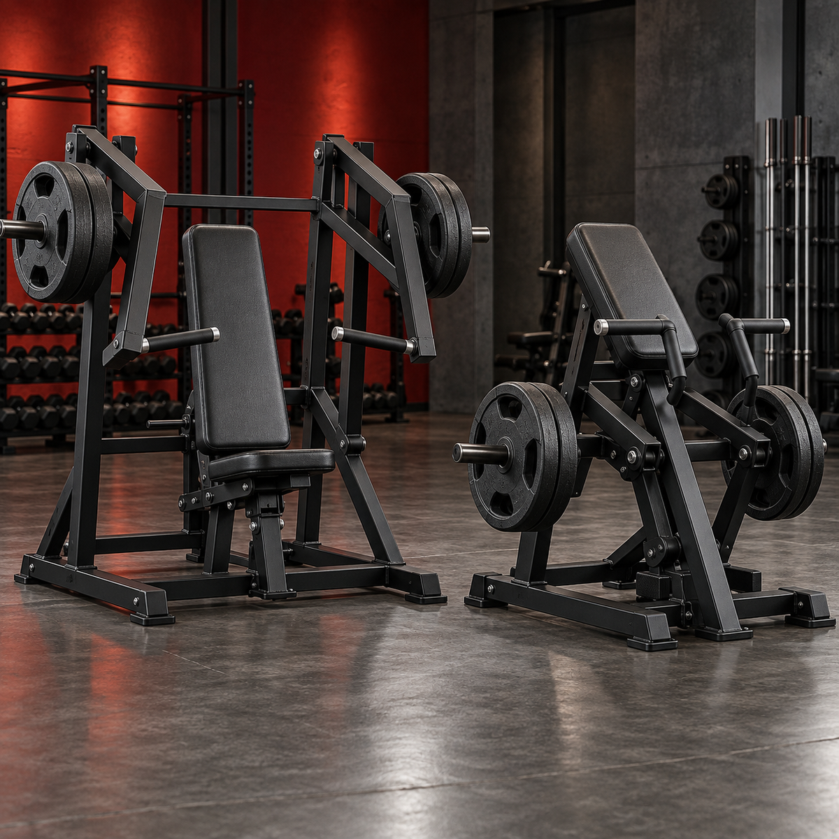 Plate loaded chest press and row machines with Olympic plates