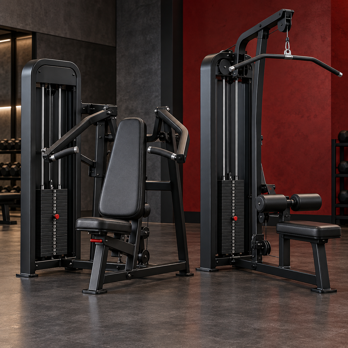 Selectorized chest press and lat pulldown machines with weight stacks