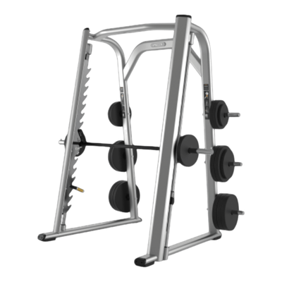 Precor Discovery Series Smith Machine (Remanufactured) — Silver Frame [PRE-DIS-SM-B-2] — transparent background