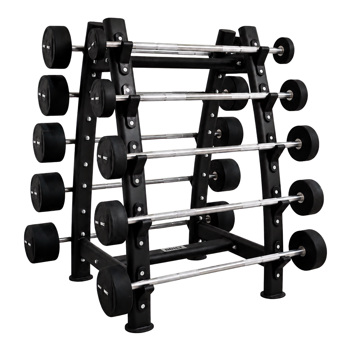 BUILT Strength fixed barbell set and rack — transparent background