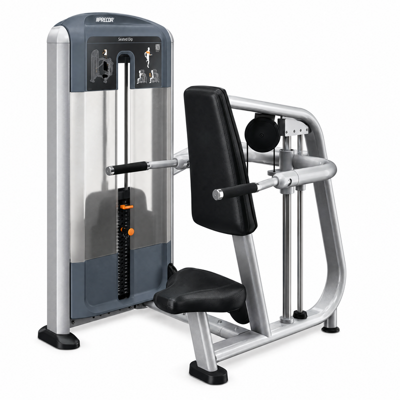 Precor Discovery Series Seated Dip, gray frame and black upholstery